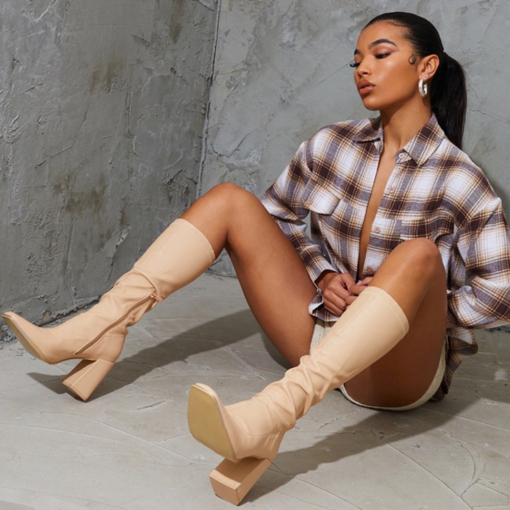 Nude PU Toe Cap Square Toe Calf Heeled Sock Boots PLT PrettyLittleThing